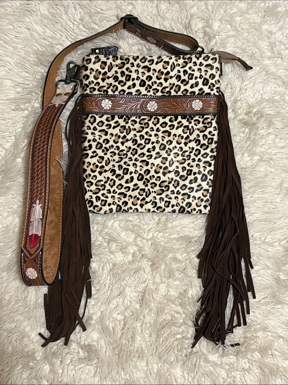 Myra Bag Leopard Print Crossbody with Brown Fringe